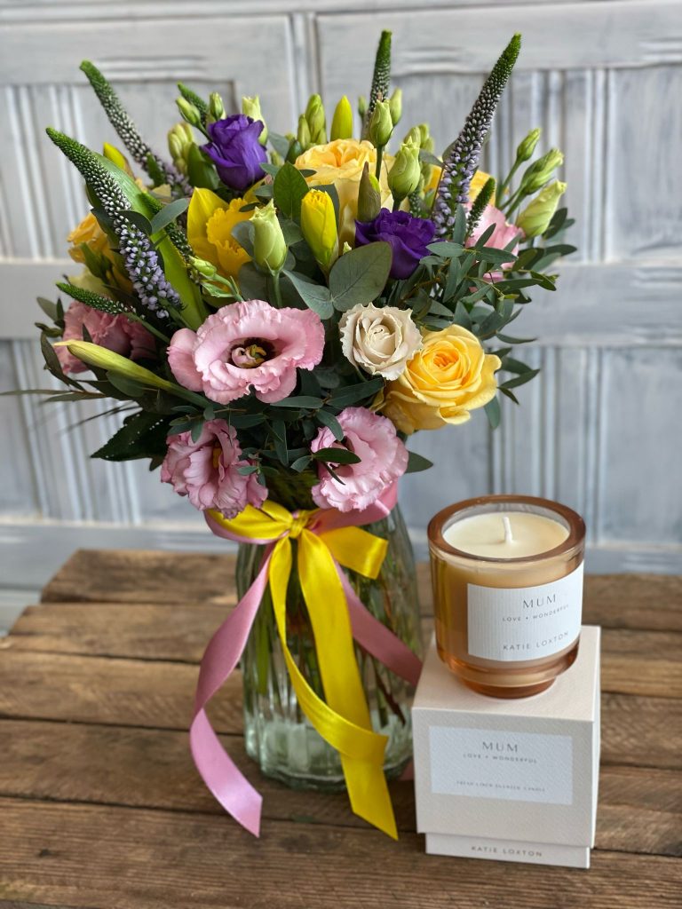 Beautiful Mother's Day vase made with the finest quality flower's with Katie Loxton Candle
