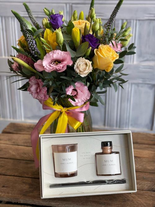 Beautiful Mother's Day vase made with the finest quality flower's with Katie Loxton Candle and Diffuser gift set